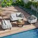 Patio Furniture Set Modern Conversation Set with Acacia Wood Round Coffee Table 8 Soft Pillows 4 Thick Cushions Outdoor 4-Pieces Sectional Sofa Luxury Furniture Set for Backyard Balcony Grey