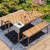 3 Pieces Outdoor Patio Dining Set All Weather Heavy Duty PE Wicker Bench with 2 Benches and 1 Table All-Weather Picnic Table Conversation Set for Garden Backyard Poolside
