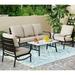 durable VILLA 4 Piece Patio Conversation Sets Outdoor Deluxe Metal Furniture Patio Set with 3 Seater Padded Deep Seating Bench 2 Swivel Cushioned Armrest Sofa Chairs and 1 Good-Looking