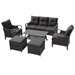 6Pcs Rattan Wicker Sectional Sofa Set Patio Conversation Set with Coffee Table 3-Seat Sofa 2 Ottomans and Single Sofa with Reclining Backrest Patio Furniture Set for Porch Lawn Garden Black