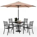 VILLA 5 Piece Outdoor Dining Set with 10ft Umbrella 37 Square Metal Dining Table & 4 Stacking Metal Chair with 3 Tier Beige Umbrella for Patio Deck Yard Porch