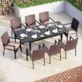 & William 9 Pieces Patio Dining Set for 8 Outdoor Dining Furniture with 1 X-large E-coating Square Metal Table and 8 Rattan Chairs with Cushions Outdoor Table & Chairs for Deck