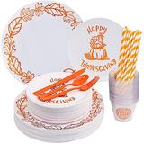 isfangco 175PCS Thanksgiving Plastic Plates Disposable Dinnerware Set Leaves Dinner Plates Gold Turkey Pumpkin Dessert Plates Orange Silverware Give Thanks Cups Orange Straws for 25 Guests Party