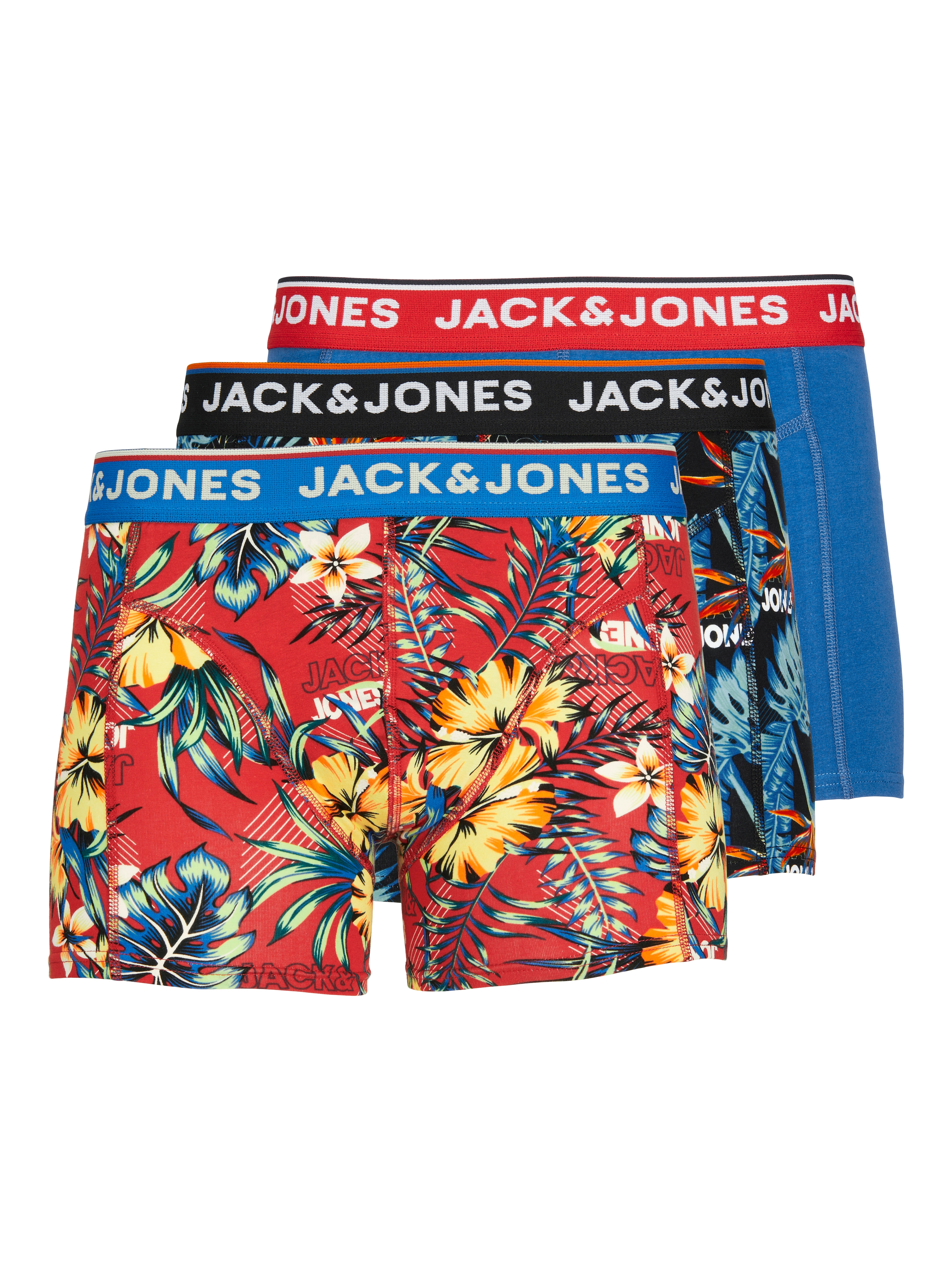 Boxershorts JACK & JONES "JACAZORES im 3er-Pack mit elastischem Bund und bequemem Stoff", Herren, Gr. S, 3 Stk., schwarz, Single Jersey, Obermaterial: 95% Baumwolle, 5% Elasthan, bedruckt, unifarben mit Farbeinsatz, Unterhosen, bedruckt, casual...