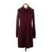 Ann Taylor LOFT Casual Dress - Sweater Dress High Neck Long sleeves: Burgundy Print Dresses - Women's Size Medium