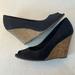 American Eagle Outfitters Shoes | American Eagle Outfitters Wedge Shoes Cork Heel Open Toe Slip On Black Womens 7 | Color: Black | Size: 7