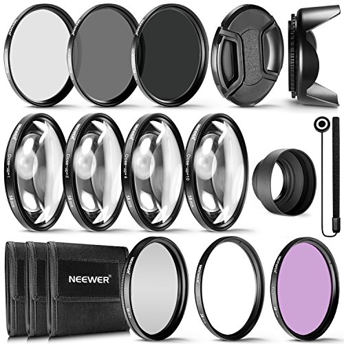 Neewer 58mm ND/CPL/UV/FLD/Close Up Filter and Lens Accessories Kit with ND2 ND4 ND8, Close Up Filters(+1/+2/+4/+10), Tulip Lens Hood, Collapsible Rubber Lens Hood, Lens Cap, Filter Pouch
