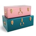 Beautify Storage Trunks, Set of 2 Pink & Teal Stainless Steel Storage Chests w/Gold Detailing, Stackable Bedroom Storage Organiser w/Lockable Lids, Sturdy Multi-Purpose Bedding, Blanket & Toy Box