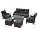 Brown+Black Rattan Outdoor Sectional Sofa Set with Reclining Backrests and Ottomans