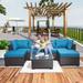 Brown+Blue 7-piece Outdoor Garden Patio Sofa Sets with Rust-Resistant Metal Frame