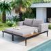 Gray Outdoor Patio Daybed with Acacia Wood Topped Side Spaces, 2-in-1 Design, Adjustable Leg Supports, and Washable Cushions