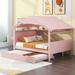 Wooden Full Size House Bed with Twin-Size Trundle, Kids Bed with Storage Shelf,Pink