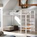 Full Size Metal Loft Bed with Upper Grid Storage Shelf and Lateral Storage Ladder, Maximized Space, Contemporary Build, White