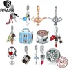 BISAER 925 Sterling Silber High Heels Schuhe & Lippenstift Charme Perlen Wein Glas Anhänger Fit Elegante Frauen DIY Armband Feine schmuck