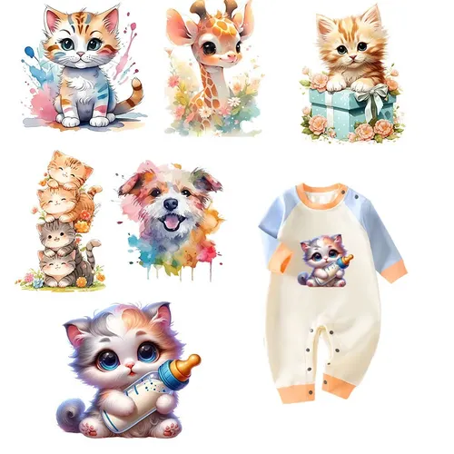 Süßes kleines Kätzchen dtf Eisen auf Patches DIY Baby T-Shirt Hoodie mit bunten Katze und Giraffe