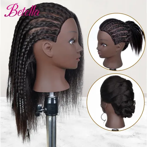 Afro-Mannequin köpfe mit 100% echtem Haar mit verstellbarem Stativ Friseur puppen Trainings kopf zum