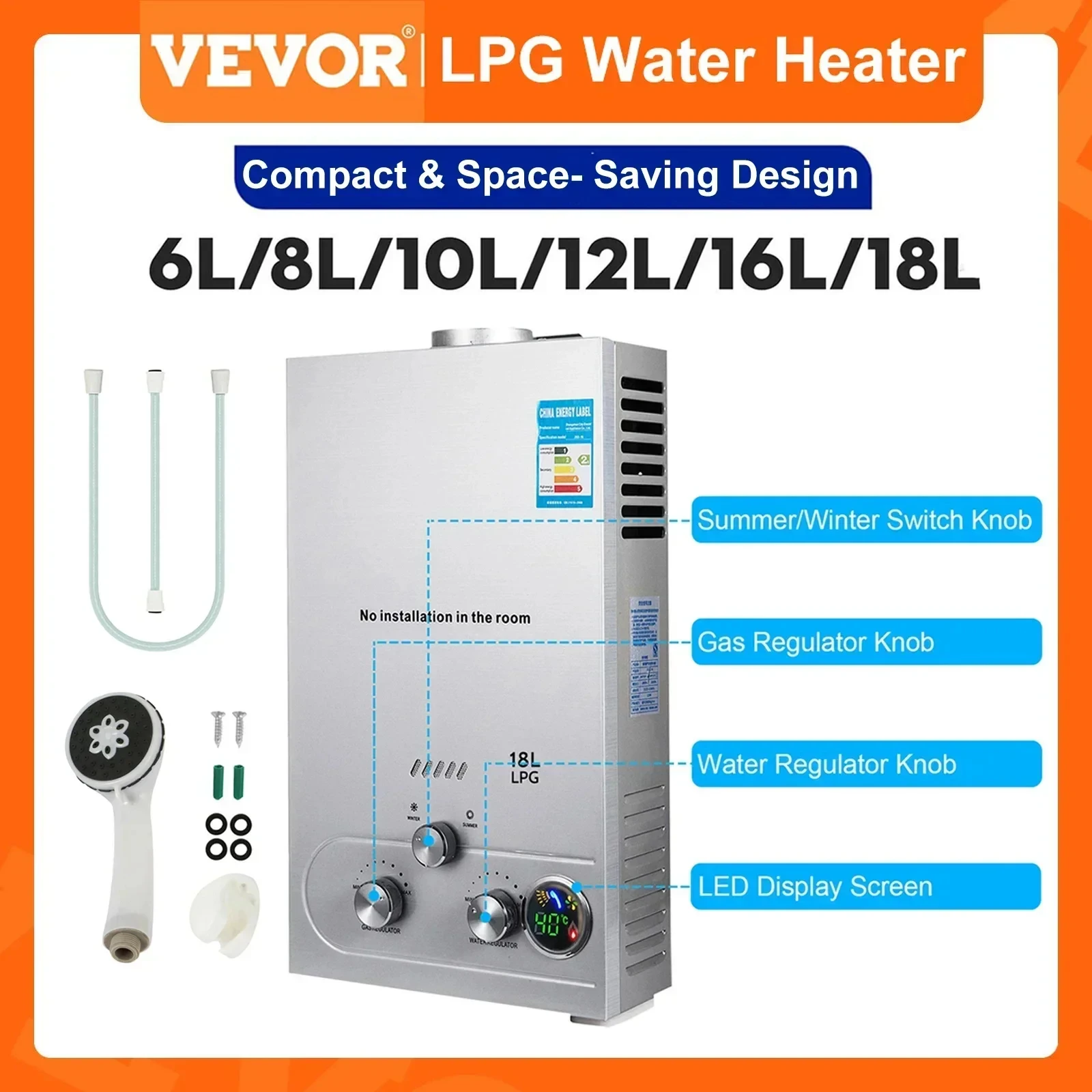 Lpg 6l/8l/10l/12l/16l/18l Warmwasser bereiter 36kw Instant-Flüssiggas-Warmwasser bereiter Edelstahl-Kessel-Kit tragbar Image