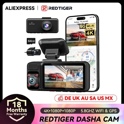 Redtiger F17 4k 3 Car Cameras 5.8Ghz Wifi Dash Camera For IR Night Vision Car Dvr For Wifi Dash Cameras Built-In Gps WDR