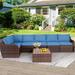 HOMREST 7 Piece Sectional Seating Group w/ Cushions Synthetic Wicker/Wood/All - Weather Wicker/Wicker/Rattan in Blue | Outdoor Furniture | Wayfair