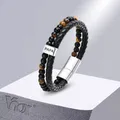 Vnox-Bracelet en cuir tressé pour hommes bracelet superposé bracelet perlé cadeau de fête des