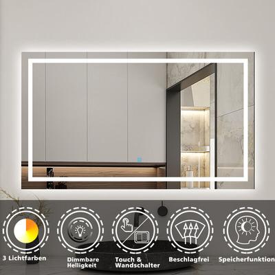 Badspiegel mit Beleuchtung 100x80cm - Kalt/Neutral/Warmweiß Dimmbar+Wand/TouchSchalter+Beschlagfrei