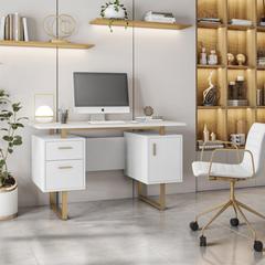 Latitude Run® Techni Mobili White & Gold Desk For Office w/ Drawers & Storage, computer desk, writing desk Wood/Metal in Brown/Gray/White | Wayfair