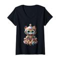 Damen Herz Chakra Yoga Katze Kawaii Neko Kätzchen Kunst Meditation Zen T-Shirt mit V-Ausschnitt