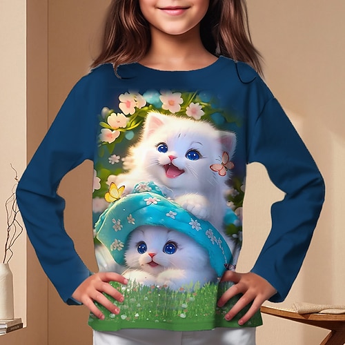 Mädchen 3D Graphic Karikatur Katze T-Shirt Langarm 3D-Druck Herbst Winter Aktiv Modisch Kuschelig Polyester kinderkleidung 3-12 Jahre Outdoor Casual Täglich Regular Fit Image