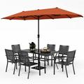 durable VILLA Outdoor 10ft Patio Umbrella Set for 4 with 5 Pieces Dining Table Chairs Metal Outdoor Stackable Wrought Iron Chair Set of 4 & 37 Metal Table 3 Tier Vented Dark Blu