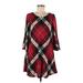 JH Casual Dress - A-Line Scoop Neck 3/4 sleeves: Burgundy Plaid Dresses - Women's Size Medium Petite