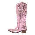 blingqueen Metalllic Boots Cowboy Boots for Women Embroidered Cowgirl Boots Zip Up Knee High Boots Wide Calf Boots Block Chunky Heel Studded Diamond Heel Crystal Rhinestone Western Boots Pink Size 2