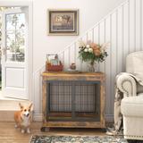 Furniture Style Dog Crate Side Table on Wheels with Double Doors and Lift Top,Rustic Brown,31.50'' W x 22.05'' D x 25'' H.