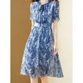 EVNISI Women Casual Chiffon Dress Print Slim Elegant Office Lady Bow Floral Midi Blue Party Dresses