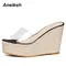 Aneikeh 2023 Fashion Summer PU Women's Vulcanize Shoes Transparent Slip-On Shallow High Heels Office