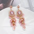 Vintage New Pink Crystal Round Drop Earrings for Women Luxury Gold Plated Multilayer Bell Tassel