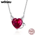 WOSTU Authentic 925 Sterling Silver Angel&Demon Red CZ Pendant Necklaces For Girl Women Luxury