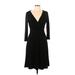 Jones New York Casual Dress - A-Line Plunge 3/4 sleeves: Black Solid Dresses - Women's Size 10
