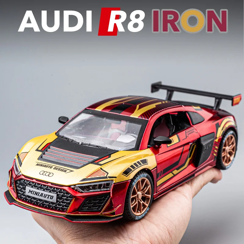 1/24 audi r8 v10 Rennwagen Spielzeug für Kinder antike Druckguss Metall Miniatur Modell zurückziehen Sound & Licht Sammlung Geschenk für Jungen Image