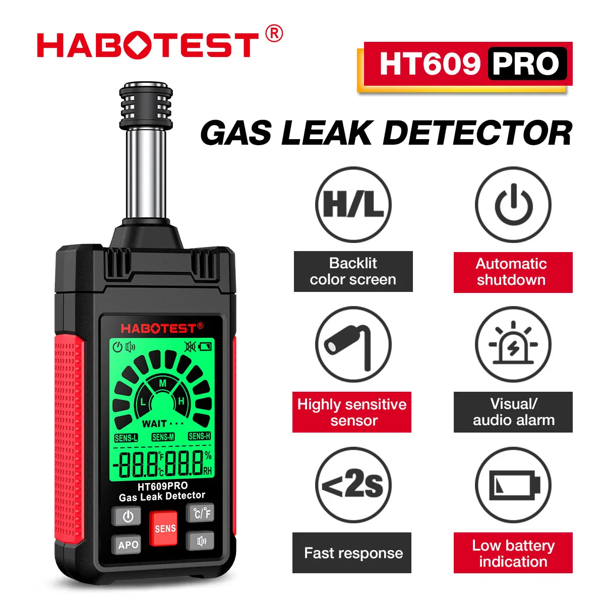 HABOTEST HT609 Pro Detektor für brennbare Gase, einziehbar, 50–1000 ppm Ton- und Bildschirmalarm, Detektor für brennbare Erdmethan-Gas Image