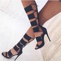 Women's Sandals Plus Size Heel Boots Party Daily Mid Calf Boots Zipper Stiletto Open Toe Sexy Leather Zipper Black