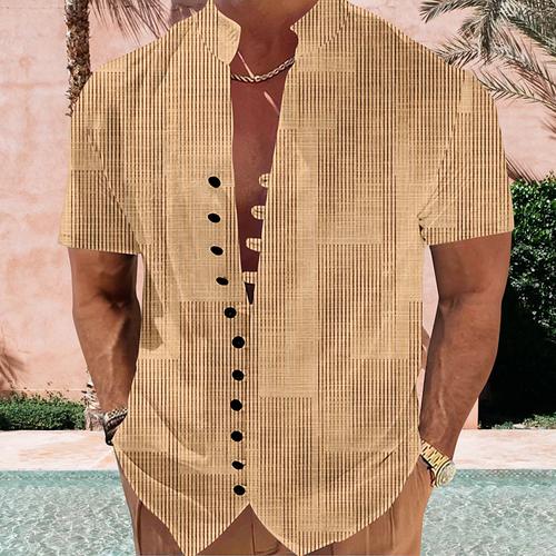 Men's Plaid Geometric Pattern Button Up Shirt Printed Shirts Short Sleeve Hawaiian Resort Vacation Holiday Daily Wear Summer Standing Collar Print Button-Down Light Blue White off-white Khaki