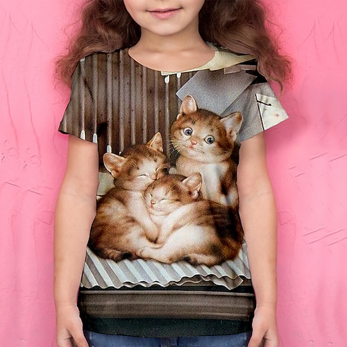 Mädchen 3D Tier Katze T-Shirt Kurzarm 3D-Druck Sommer Aktiv Polyester kinderkleidung 4-12 Jahre Schulanfang Freizeitskleidung Regular Fit Image