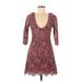 For Love & Lemons Casual Dress - Mini Plunge 3/4 Sleeve: Burgundy Solid Dresses - Women's Size Medium