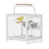 19 Travel Bird Cage with Handle Portable Parrot Carrier with Wooden Perch Modern Birdcages with Stainless Steel Bowls & Slide-out Tray for Cockatiels Conures African Greys Parakeets White