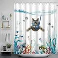 Funny Cat Shower Curtain Fun Animal in Bathtub with Fish Cloth Fabric Shower Curtain Hilarious Pet Bathroom Decor Set with