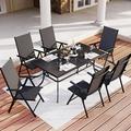 Outdoor Dining Set for 6 Aluminum Height Adjustable Folding Chair and Heavy-Duty Black Slat Metal Table Patio Furniture Dining Table Set Black