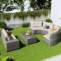8-Piece Wicker Round Sofa Set Modern Multi-Function Outdoor Sectional Sofa Couch with Rectangular Coffee Table and Movable Cushion All Weather Conversation Set Beige