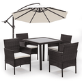 MoNiBloom 5PCS Patio Rattan Outdoor Dining Set with 8.5ft Offset Hanging Market Umbrella Patio Furniture Set with 4 Rattan Chairs Square Tempered and Glass Table Beige