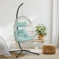 Foldable Hanging Egg Chair with Stand Folding Swinging Chair with Soft Cushion & Pillow Patio Hammock Chair Wicker Rattan Hanging Chair for Bedroom Garden--Light Blue