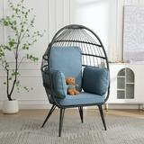 Outdoor Wicker Weave Egg Chair with Soft Padded Cushions Waist Pillow and Headrest Oversized Indoor Lounger Egg Chair for Living Room Patio Garden Balcony Backyard 350lbs Capacity Blue